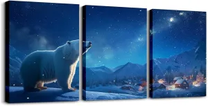 Polar Bear Canvas Wall Art 3 Piece,Starry Sky Wall Painting for Kids Girls Boys Adult,Winter Rustic Country Scenery Poster Pictures Artwork for Room Decor,Snow Mountain Living Room Office Wall Decor