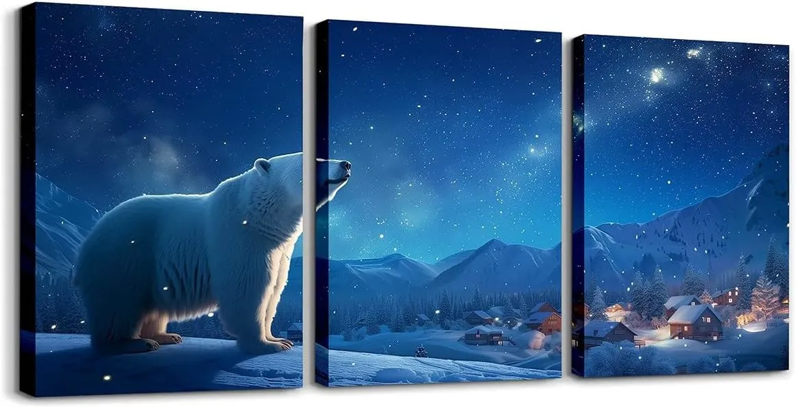 Polar Bear Canvas Wall Art 3 Piece,Starry Sky Wall Painting for Kids Girls Boys Adult,Winter Rustic Country Scenery Poster Pictures Artwork for Room Decor,Snow Mountain Living Room Office Wall Decor