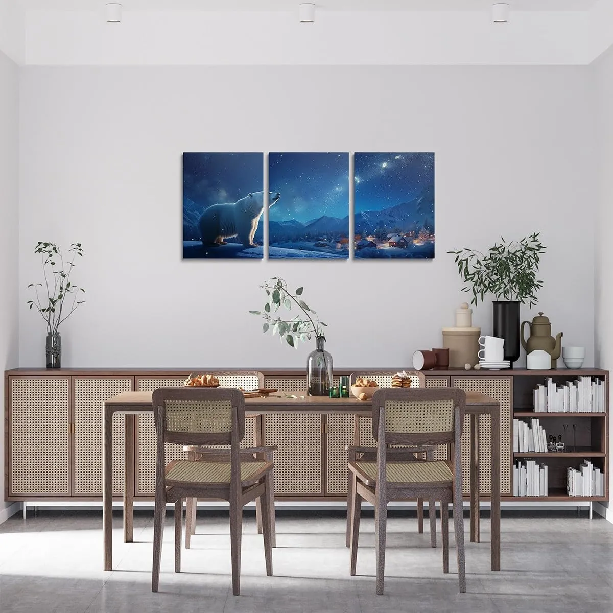 Polar Bear Canvas Wall Art 3 Piece,Starry Sky Wall Painting for Kids Girls Boys Adult,Winter Rustic Country Scenery Poster Pictures Artwork for Room Decor,Snow Mountain Living Room Office Wall Decor