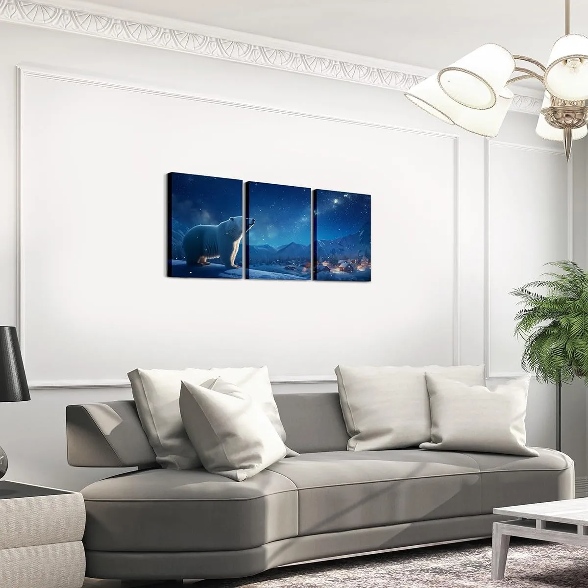 Polar Bear Canvas Wall Art 3 Piece,Starry Sky Wall Painting for Kids Girls Boys Adult,Winter Rustic Country Scenery Poster Pictures Artwork for Room Decor,Snow Mountain Living Room Office Wall Decor