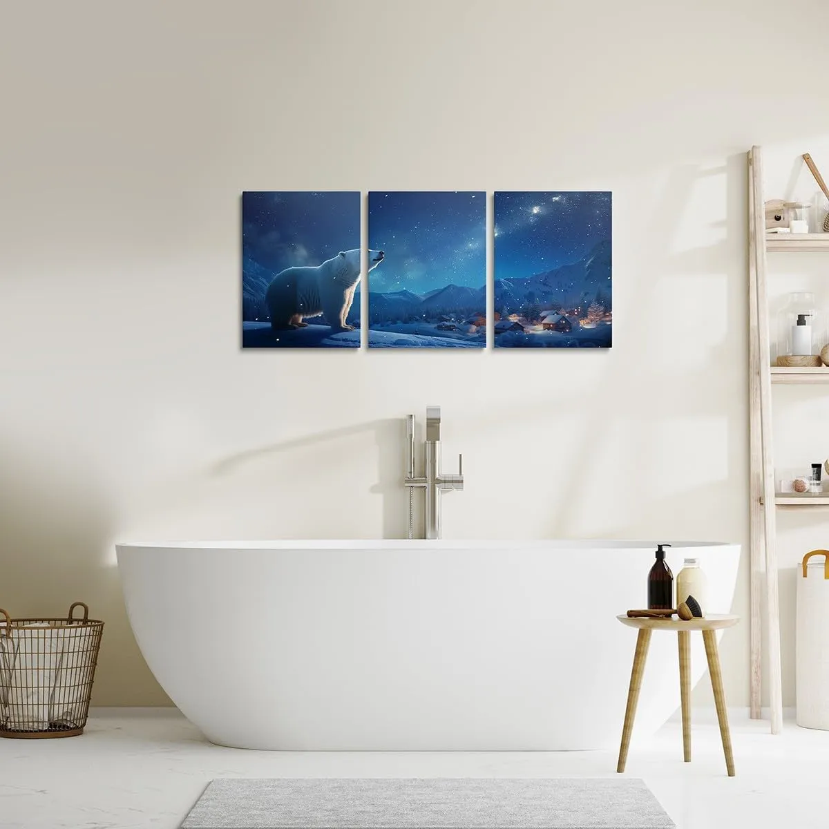 Polar Bear Canvas Wall Art 3 Piece,Starry Sky Wall Painting for Kids Girls Boys Adult,Winter Rustic Country Scenery Poster Pictures Artwork for Room Decor,Snow Mountain Living Room Office Wall Decor