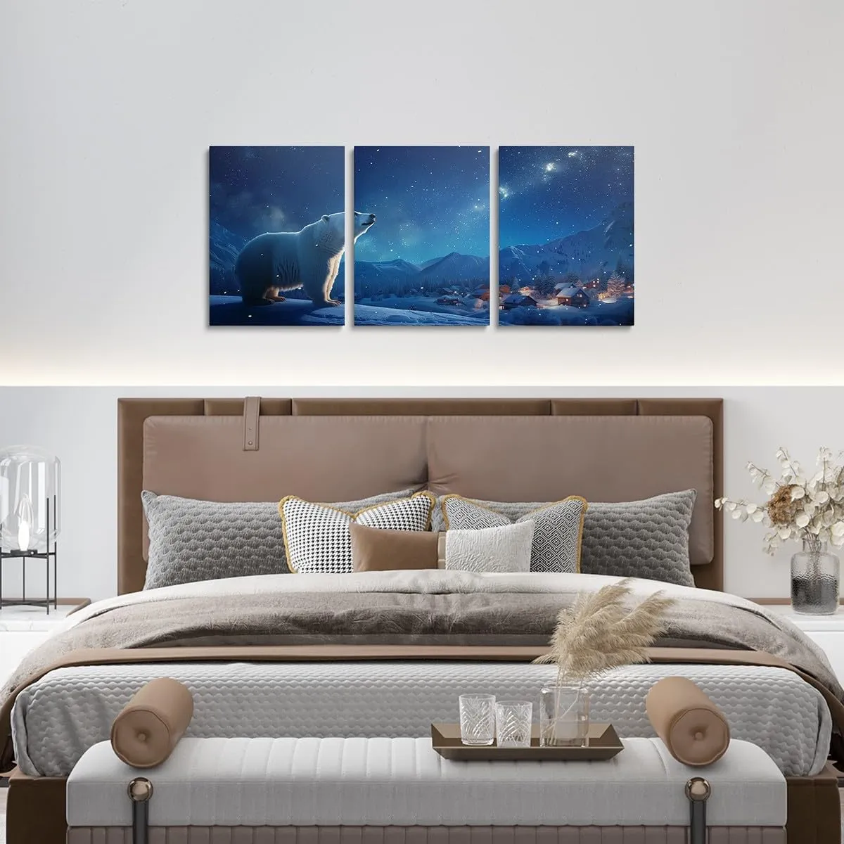Polar Bear Canvas Wall Art 3 Piece,Starry Sky Wall Painting for Kids Girls Boys Adult,Winter Rustic Country Scenery Poster Pictures Artwork for Room Decor,Snow Mountain Living Room Office Wall Decor