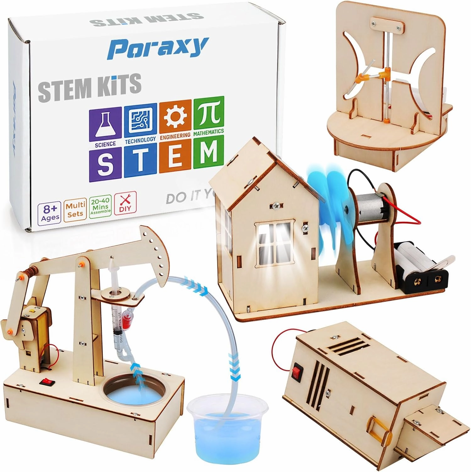 Poraxy 4 Set STEM Kits for Kids Ages 8-10, Science Experiment Projects Building Kits, Wooden 3D Puzzles, Educational Building Toys for Ages 8-12-13, Gifts for 8,9,10,11,12 13 Year Old Boys and Girls