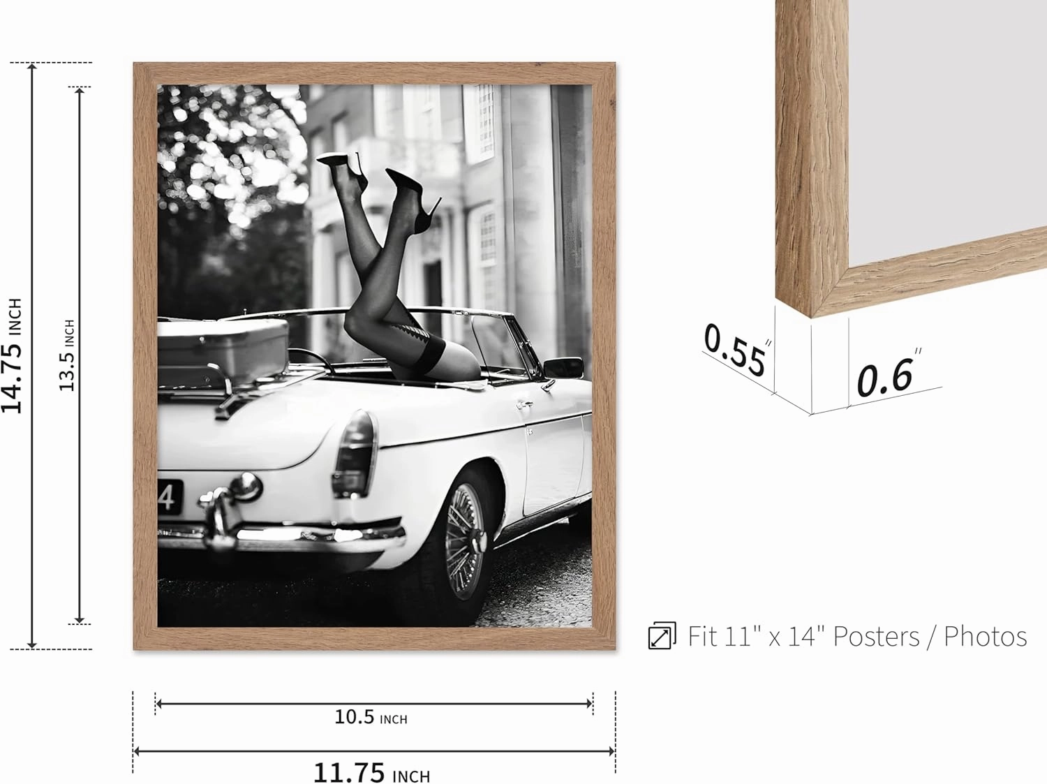 Poster Master Fashion Poster - High Heels in Classic Car Print - High Heels Art - Photography Art - Car Art - Fashion Art - Black & White Art - Girl's Bedroom or Office Decor, 11x14 Beige Framed