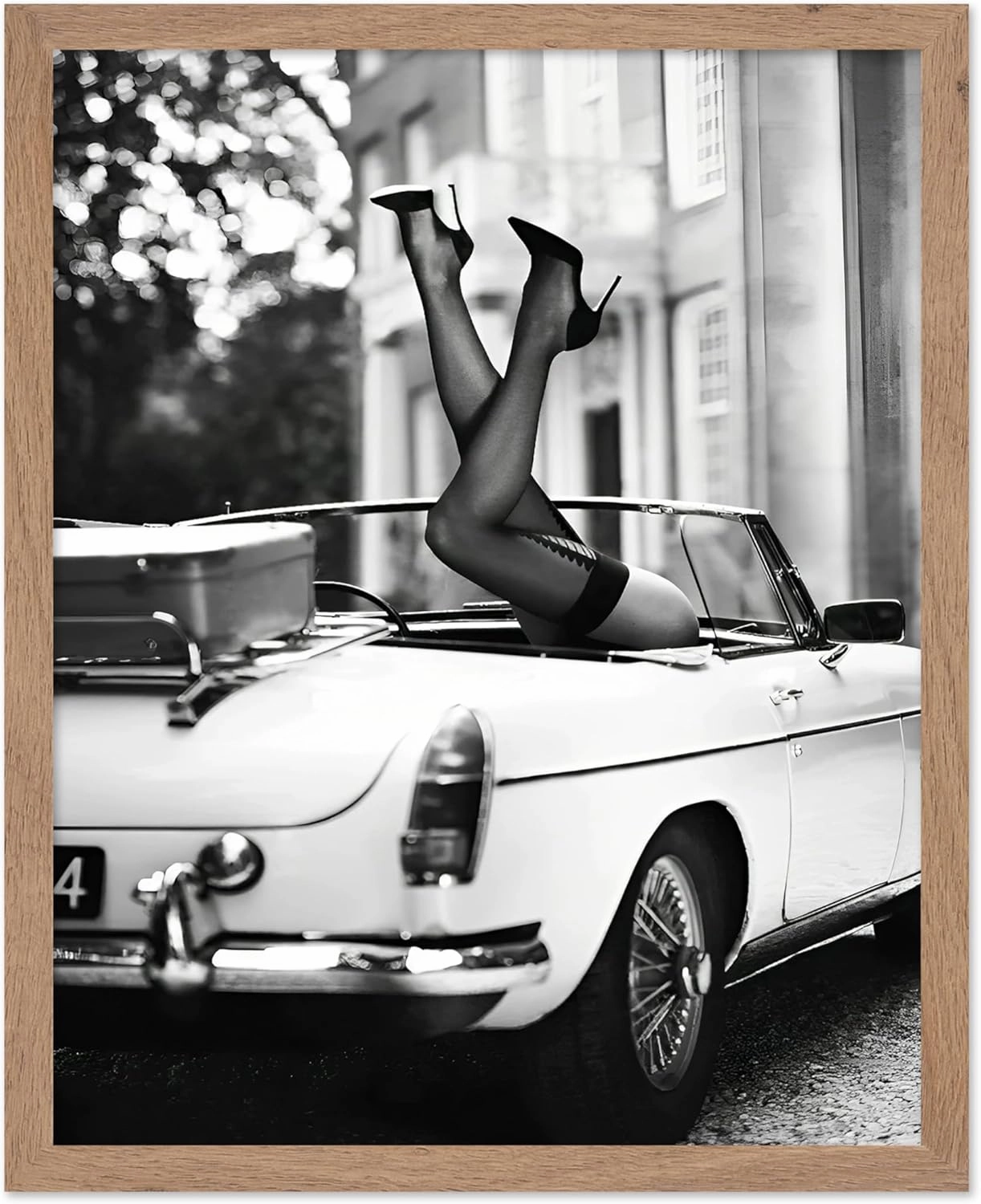 Poster Master Fashion Poster - High Heels in Classic Car Print - High Heels Art - Photography Art - Car Art - Fashion Art - Black & White Art - Girl's Bedroom or Office Decor, 11x14 Beige Framed