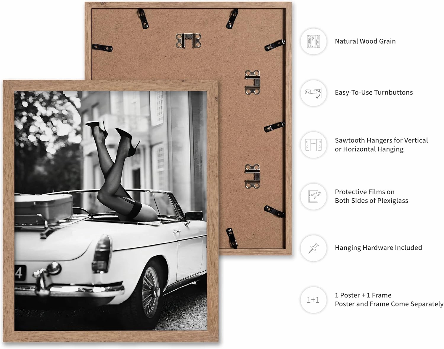Poster Master Fashion Poster - High Heels in Classic Car Print - High Heels Art - Photography Art - Car Art - Fashion Art - Black & White Art - Girl's Bedroom or Office Decor, 11x14 Beige Framed