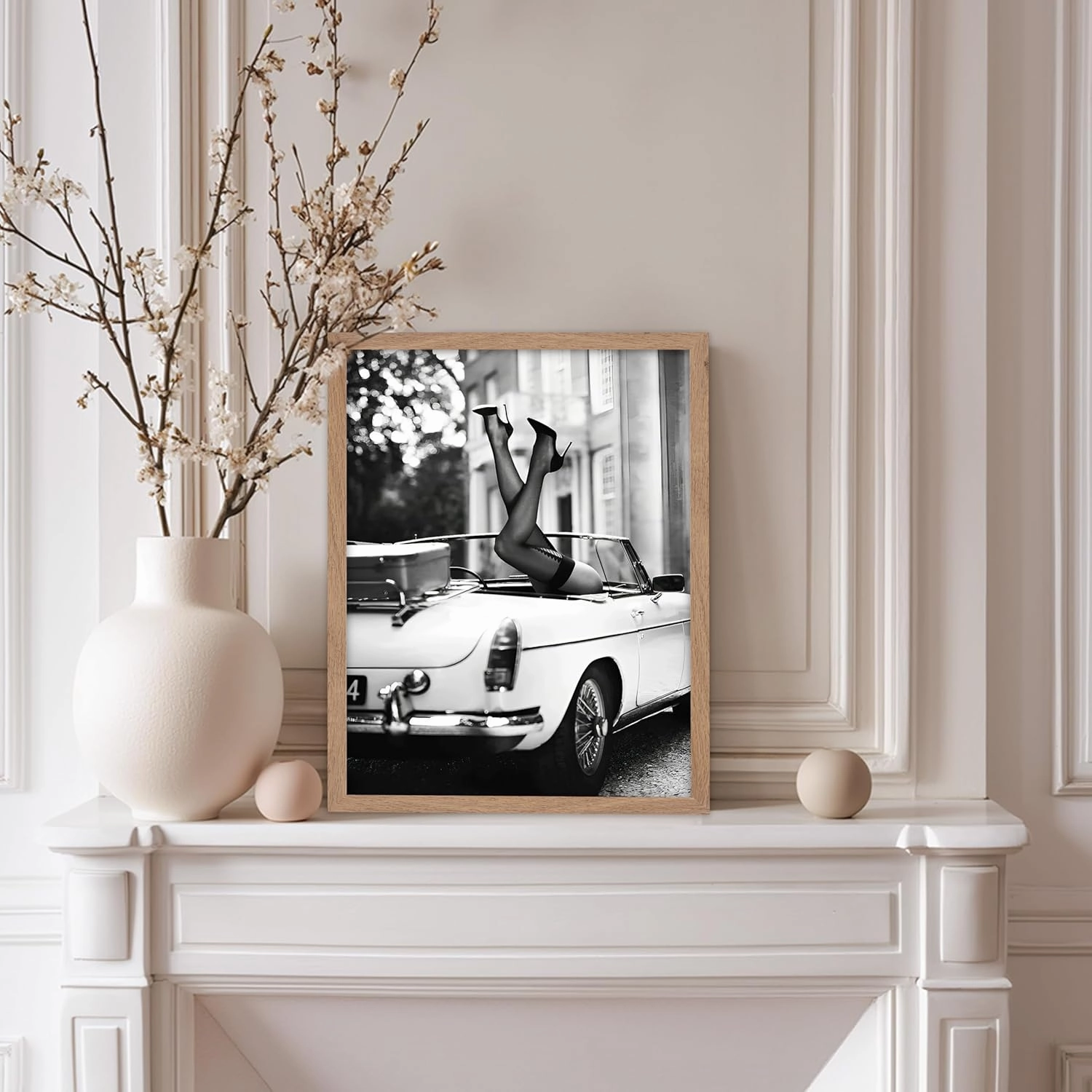Poster Master Fashion Poster - High Heels in Classic Car Print - High Heels Art - Photography Art - Car Art - Fashion Art - Black & White Art - Girl's Bedroom or Office Decor, 11x14 Beige Framed