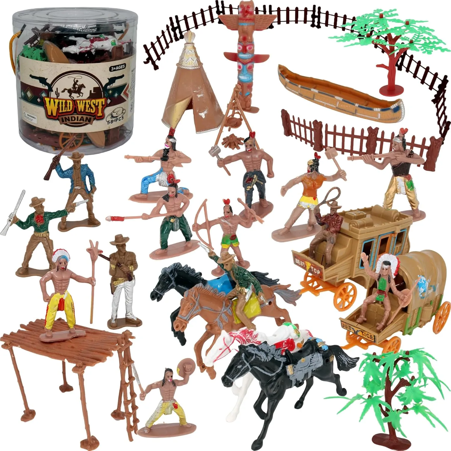 PowerTRC 58 Pcs Wild West Cowboys and Indians Plastic Figures Toys Play Set, Toy Figure Action Soldiers and Native American Accessories Figure Playset Birthday Gift