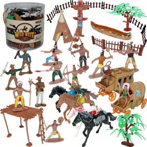 PowerTRC 58 Pcs Wild West Cowboys and Indians Plastic Figures Toys Play Set, Toy Figure Action Soldiers and Native American Accessories Figure Playset Birthday Gift