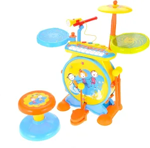 PowerTRC Deluxe 2 in 1 Keyboard and Drum Set Toy for Kids | Children's Musical Instrument Play Set Comes with Drum Set, Piano and Microphone | Colorful Lights and Sing-Along (Yellow)