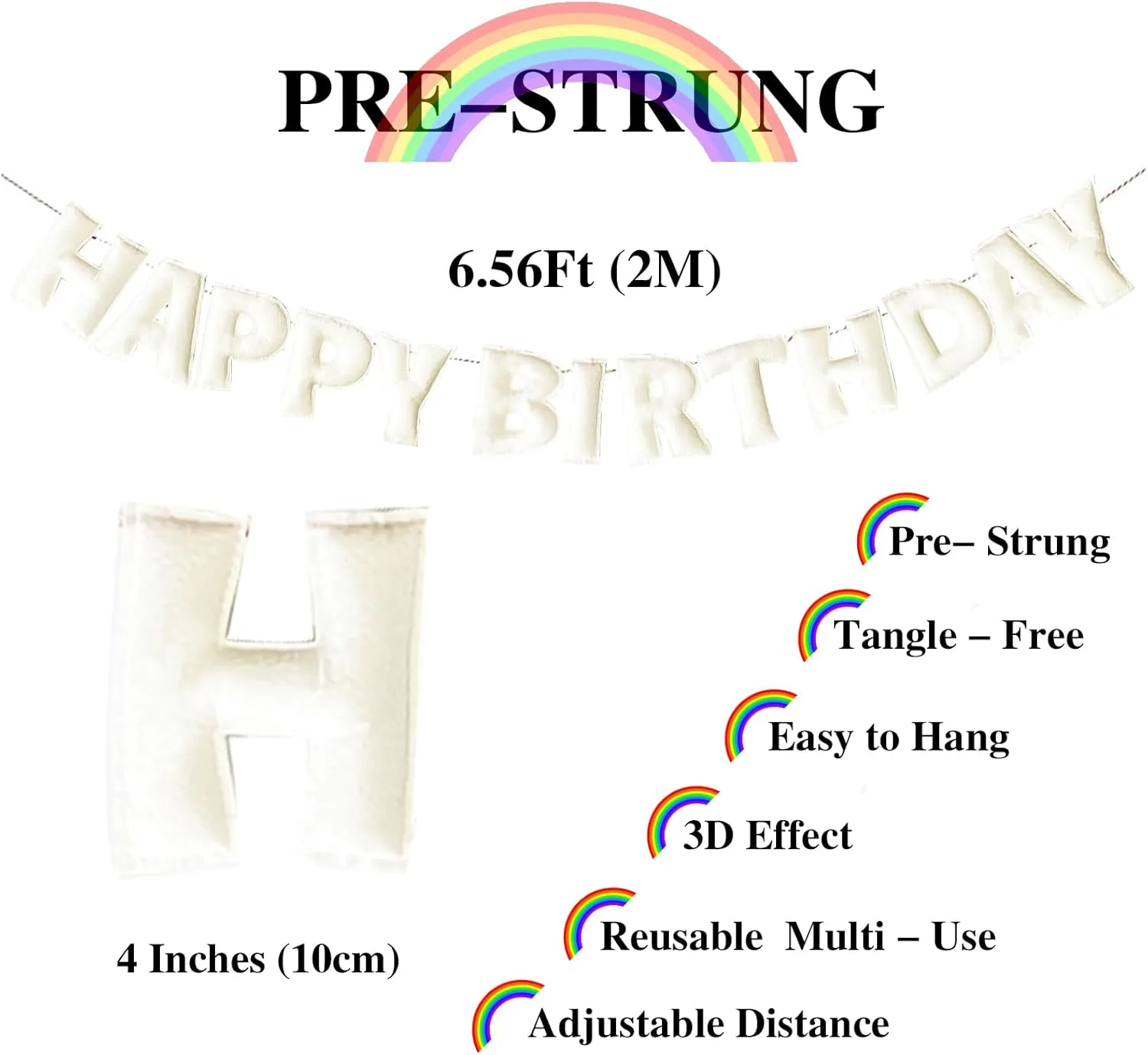 Pre-Strung Happy Birthday Banner - Felt Ball Garland - HAPPY BIRTHDAY Garland, Rainbow Birthday Decorations, Personalized Happy Birthday Sign for Birthday Decor, Party Decor, Photo Prop (White)