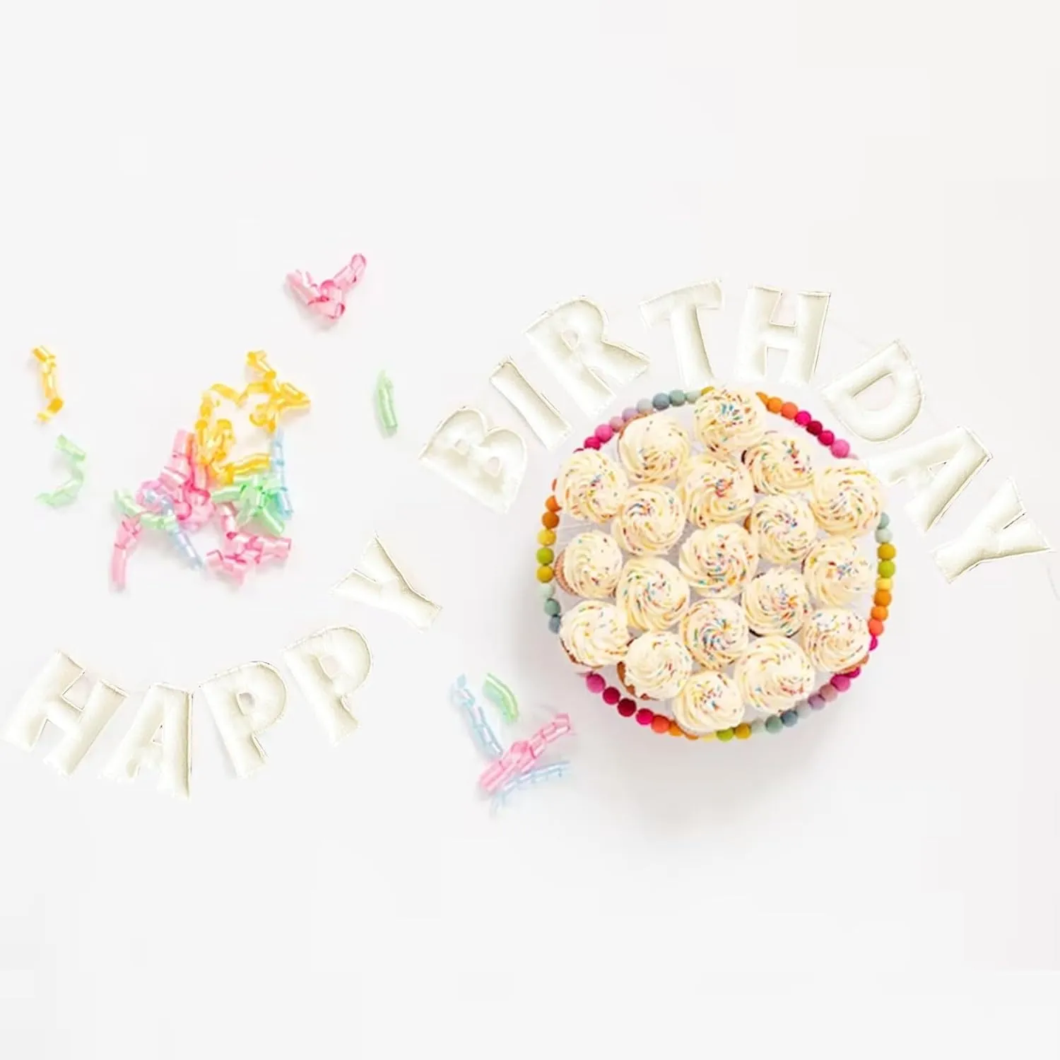 Pre-Strung Happy Birthday Banner - Felt Ball Garland - HAPPY BIRTHDAY Garland, Rainbow Birthday Decorations, Personalized Happy Birthday Sign for Birthday Decor, Party Decor, Photo Prop (White)