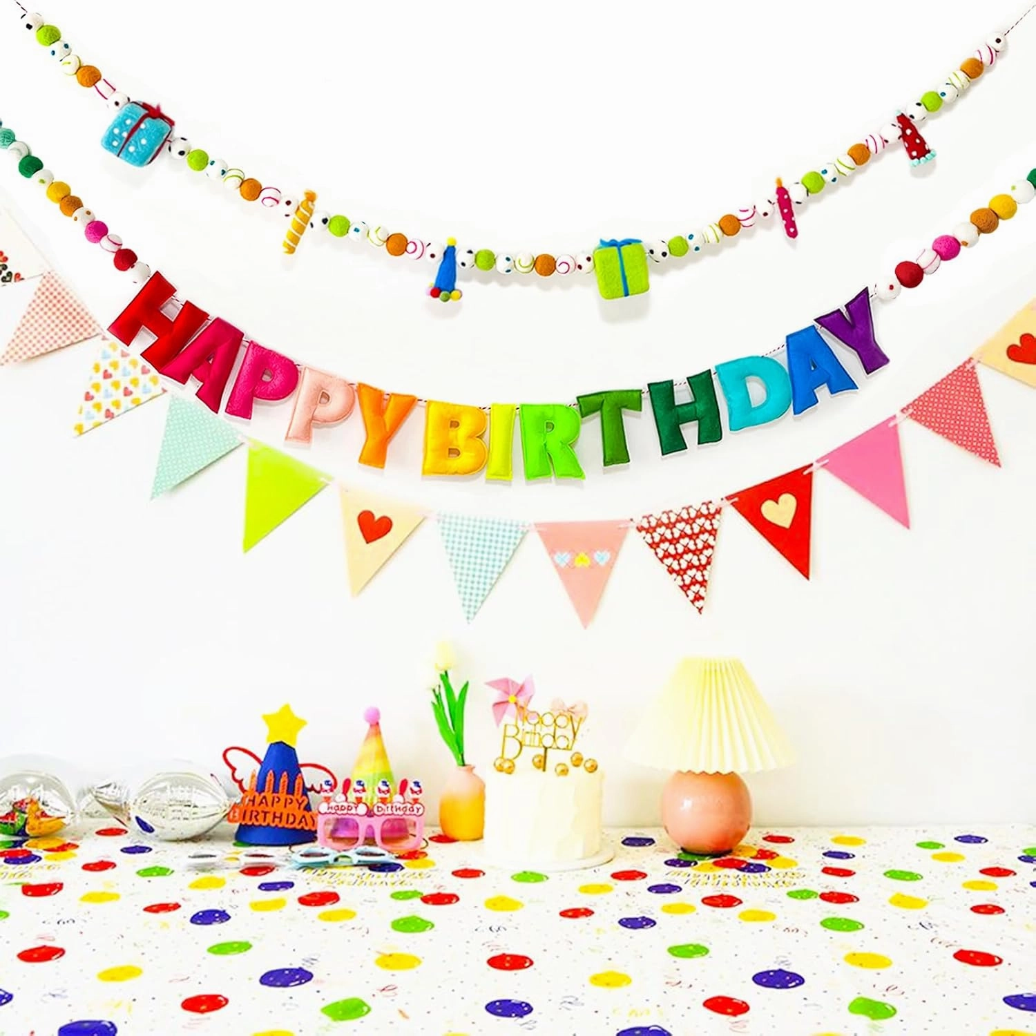 Pre-Strung Happy Birthday Banner - Felt Ball Garland - HAPPY BIRTHDAY Garland, Rainbow Birthday Decorations, Personalized Happy Birthday Sign for Birthday Decor, Party Decor, Photo Prop (2Pcs)