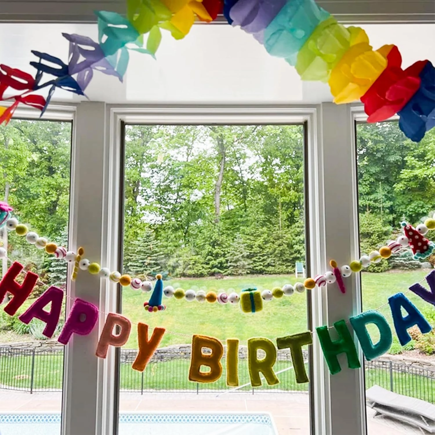 Pre-Strung Happy Birthday Banner - Felt Ball Garland - HAPPY BIRTHDAY Garland, Rainbow Birthday Decorations, Personalized Happy Birthday Sign for Birthday Decor, Party Decor, Photo Prop (2Pcs)