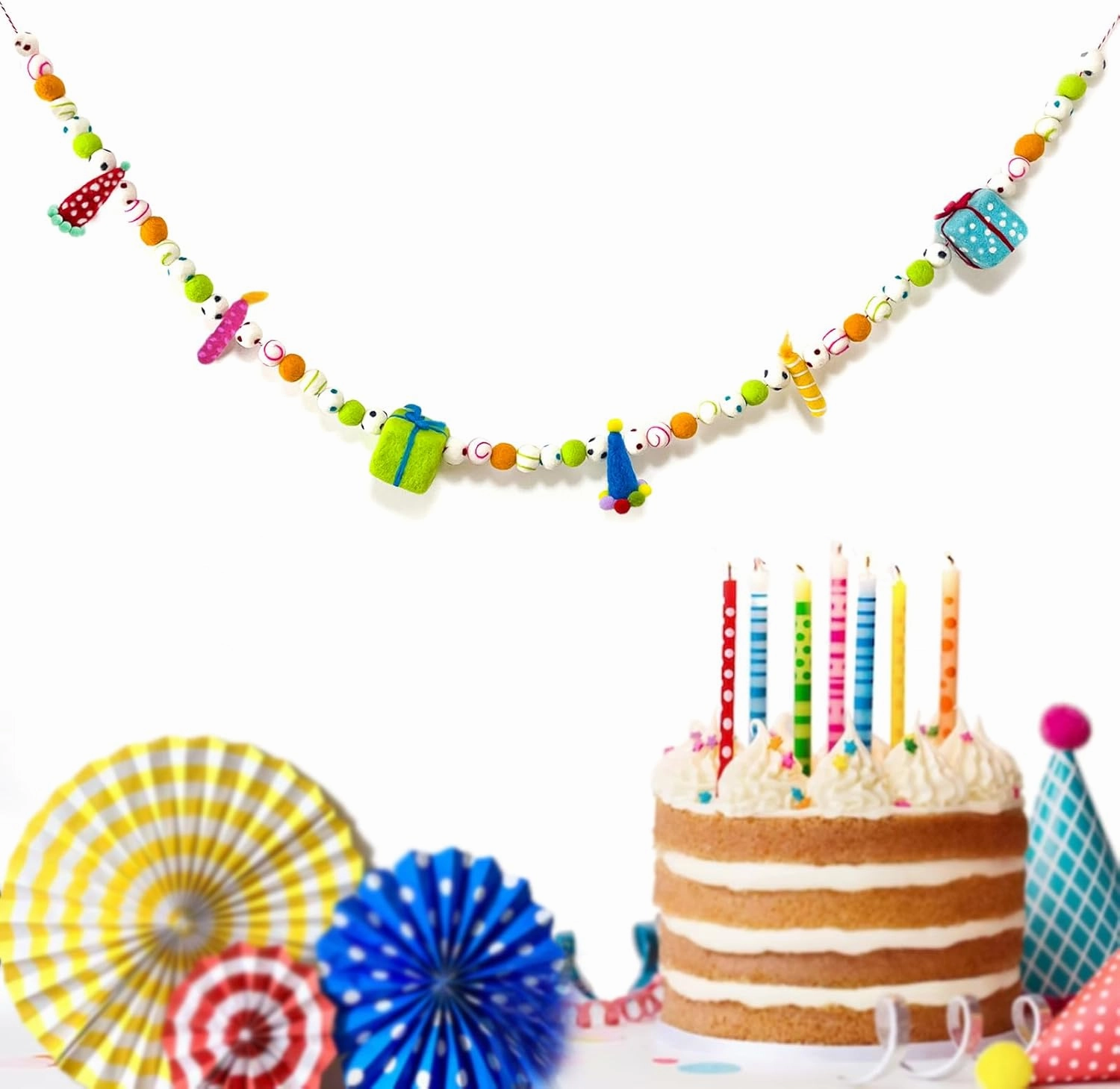 Pre-Strung Happy Birthday Banner - Felt Ball Garland - HAPPY BIRTHDAY Garland, Rainbow Birthday Decorations, Personalized Happy Birthday Sign for Birthday Decor, Party Decor, Photo Prop (2Pcs)