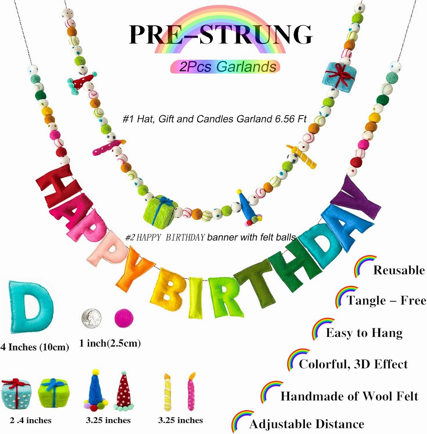 Pre-Strung Happy Birthday Banner - Felt Ball Garland - HAPPY BIRTHDAY Garland, Rainbow Birthday Decorations, Personalized Happy Birthday Sign for Birthday Decor, Party Decor, Photo Prop (2Pcs)