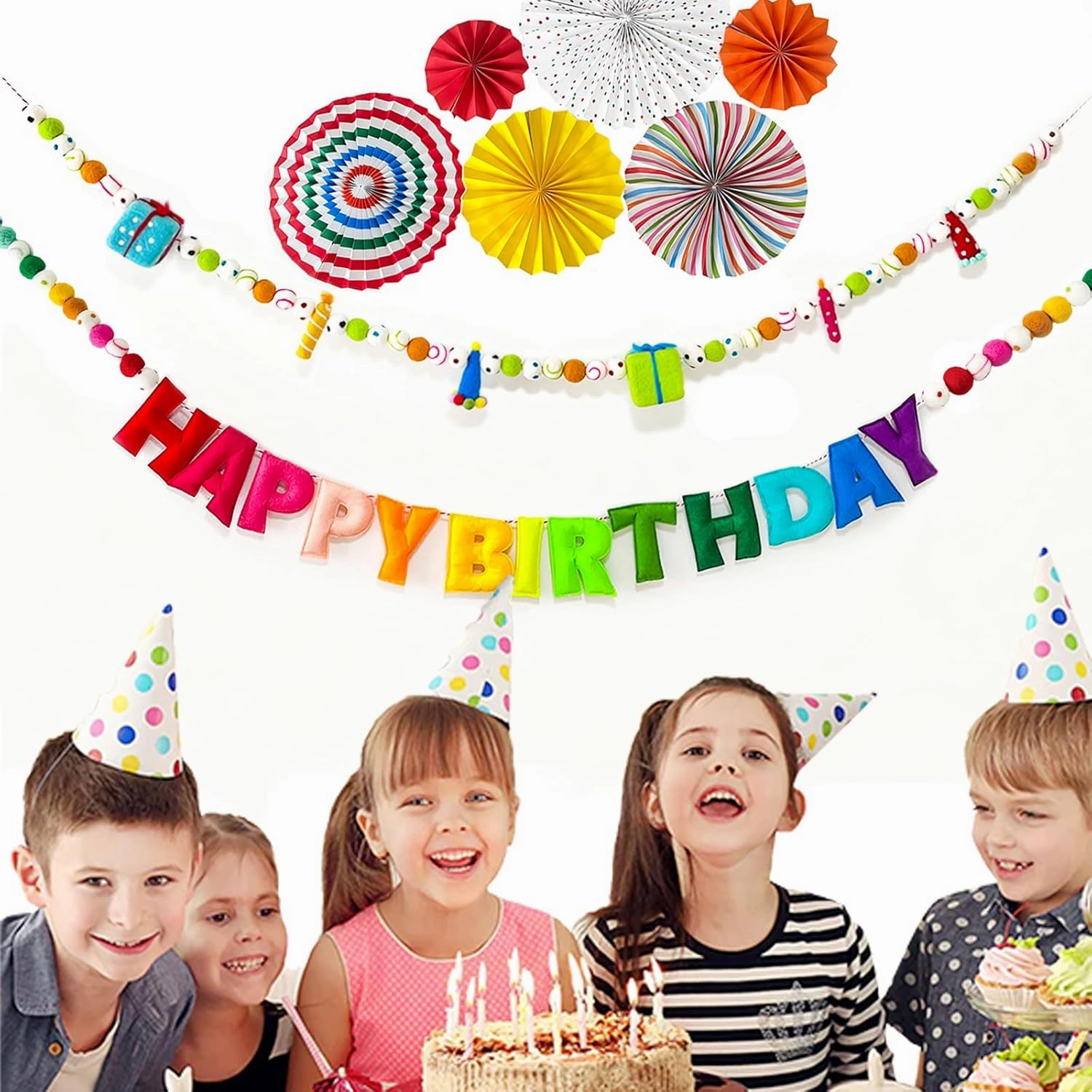 Pre-Strung Happy Birthday Banner - Felt Ball Garland - HAPPY BIRTHDAY Garland, Rainbow Birthday Decorations, Personalized Happy Birthday Sign for Birthday Decor, Party Decor, Photo Prop (2Pcs)