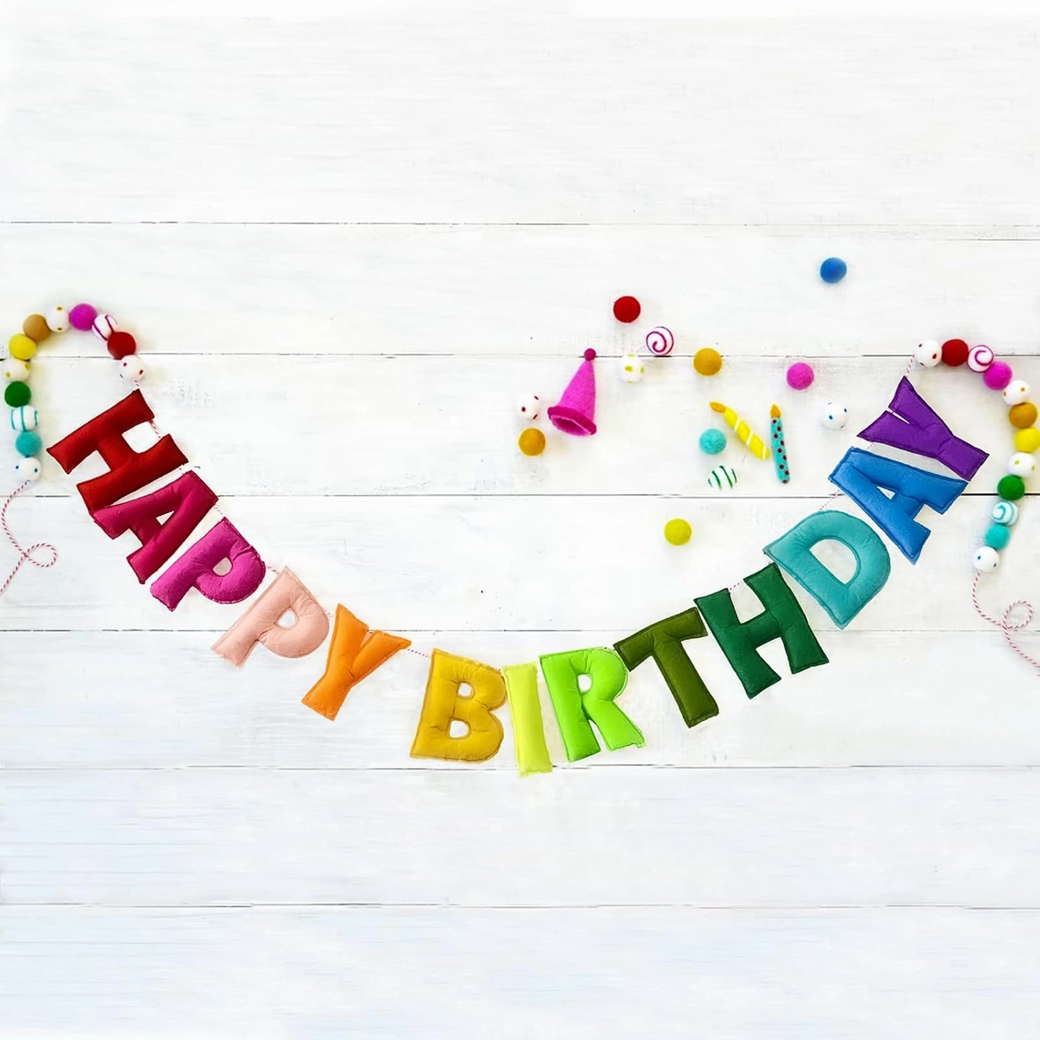 Pre-Strung Happy Birthday Banner - Felt Ball Garland - HAPPY BIRTHDAY Garland, Rainbow Birthday Decorations, Personalized Happy Birthday Sign for Birthday Decor, Party Decor, Photo Prop (2Pcs)