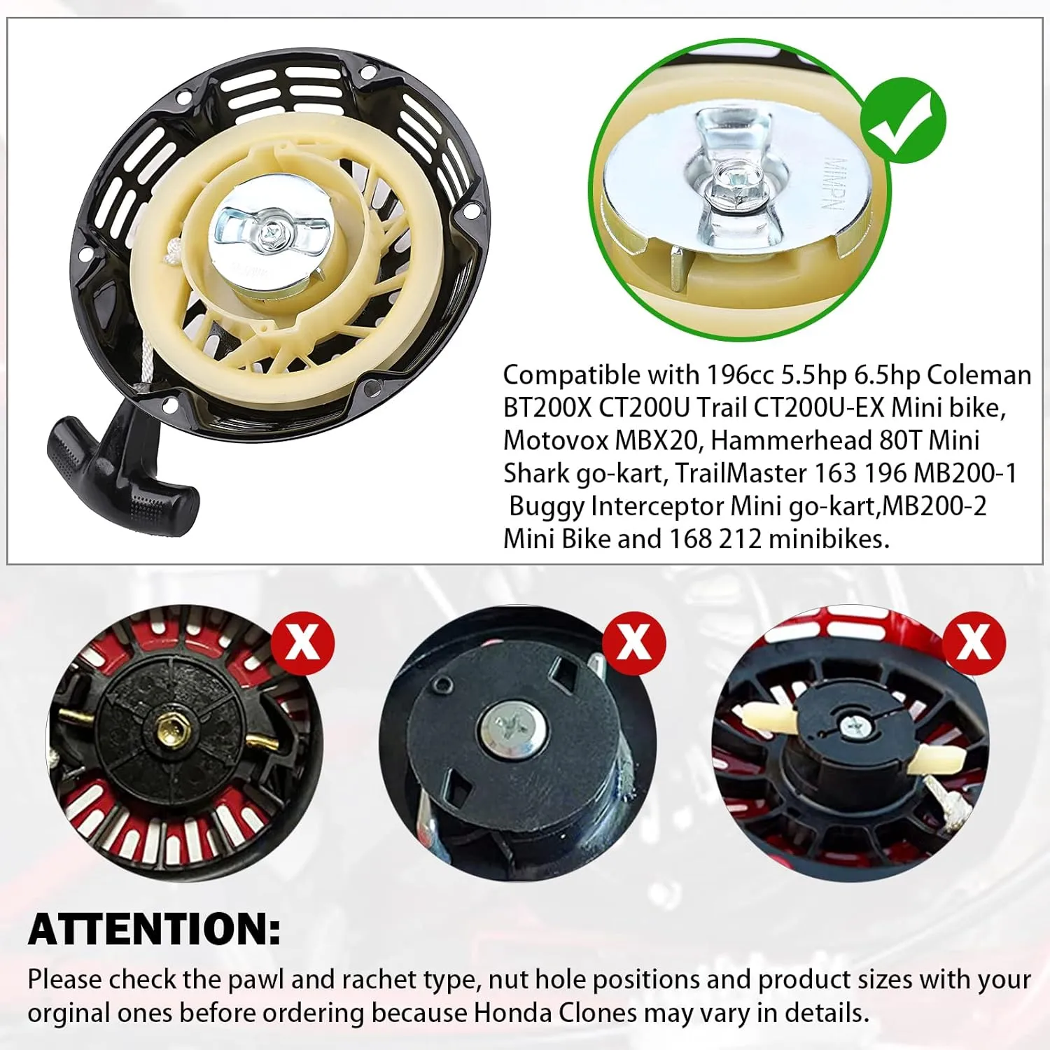 Predator 212 Pull Start Assembly, Replacement Predator 212cc Recoil Starter 5.5HP 6.5HP 7HP Coleman CT200U BT200X Trail CT200U-EX TrailMaster MB200 Go Kart Champion 196cc Generator Pull Starter Kit