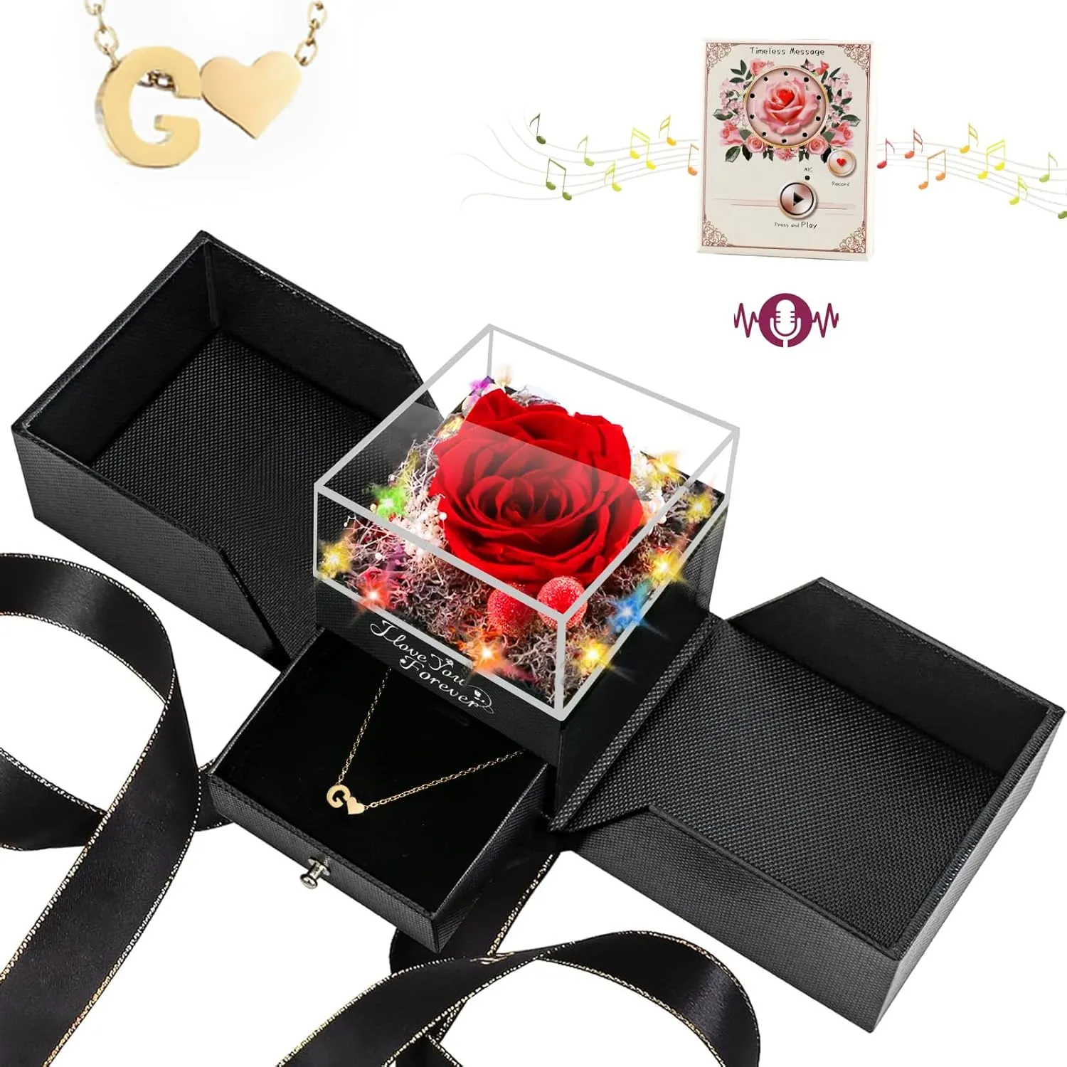 Preserved Forever Rose Initial Necklaces - Preserved Flowers Gifts Box with Heart Initial Necklace for Women Wife Girlfriend Couple Ladies Mother Her on Valentines Anniversary Mothers Day
