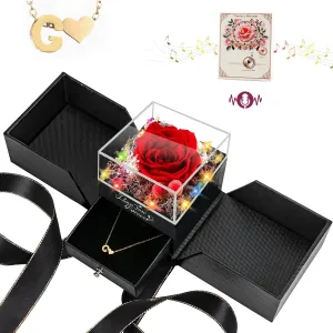 Preserved Forever Rose Initial Necklaces - Preserved Flowers Gifts Box with Heart Initial Necklace for Women Wife Girlfriend Couple Ladies Mother Her on Valentines Anniversary Mothers Day