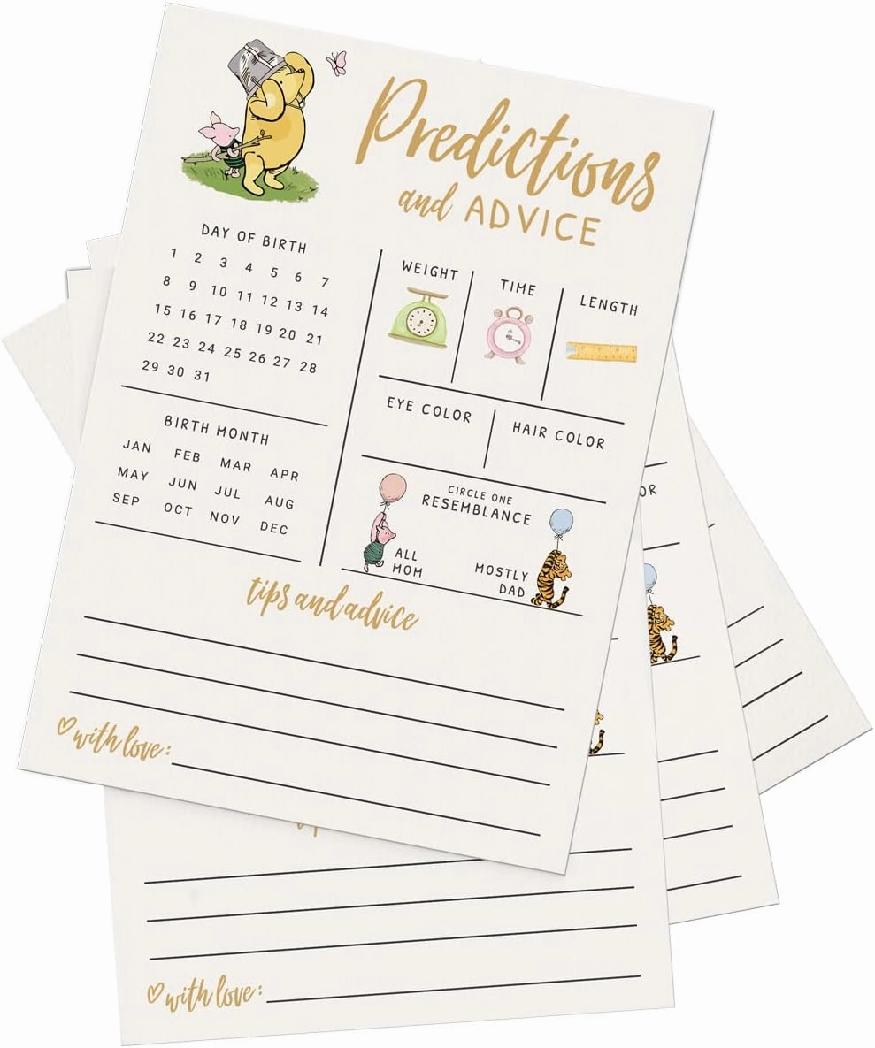Printed Party Baby Predictions & Advice Cards – Classic Pooh Theme, Winnie Baby Shower Game for Guests, Gender Reveal Activity for Boy or Girl Activity, 30 Pack