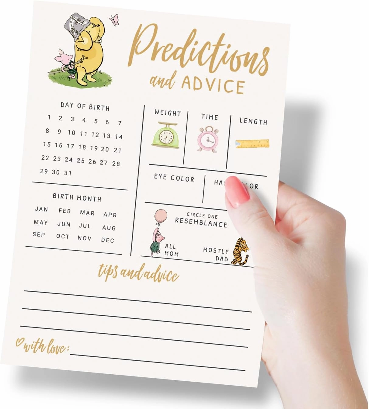 Printed Party Baby Predictions & Advice Cards – Classic Pooh Theme, Winnie Baby Shower Game for Guests, Gender Reveal Activity for Boy or Girl Activity, 30 Pack