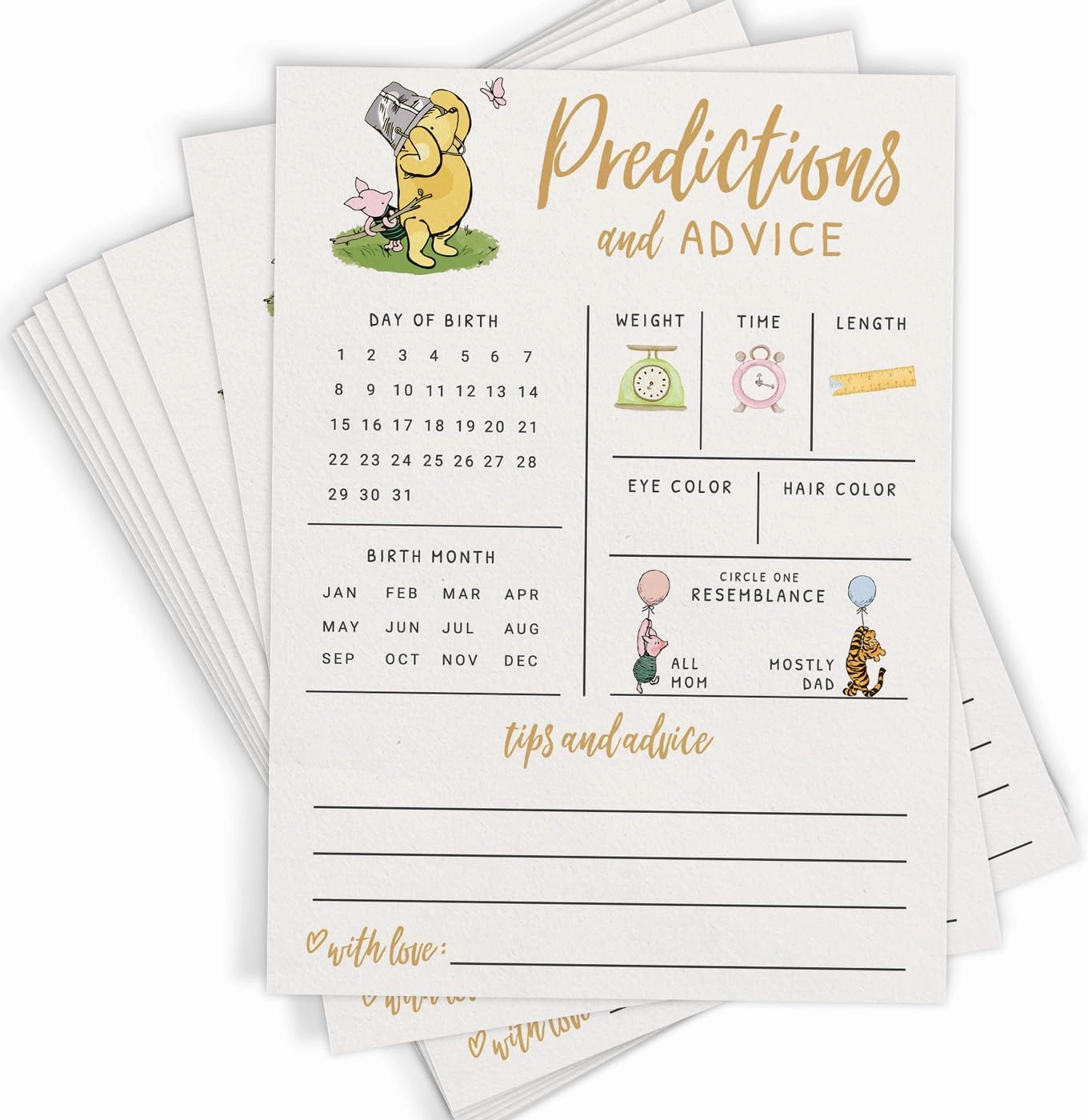 Printed Party Baby Predictions & Advice Cards – Classic Pooh Theme, Winnie Baby Shower Game for Guests, Gender Reveal Activity for Boy or Girl Activity, 30 Pack