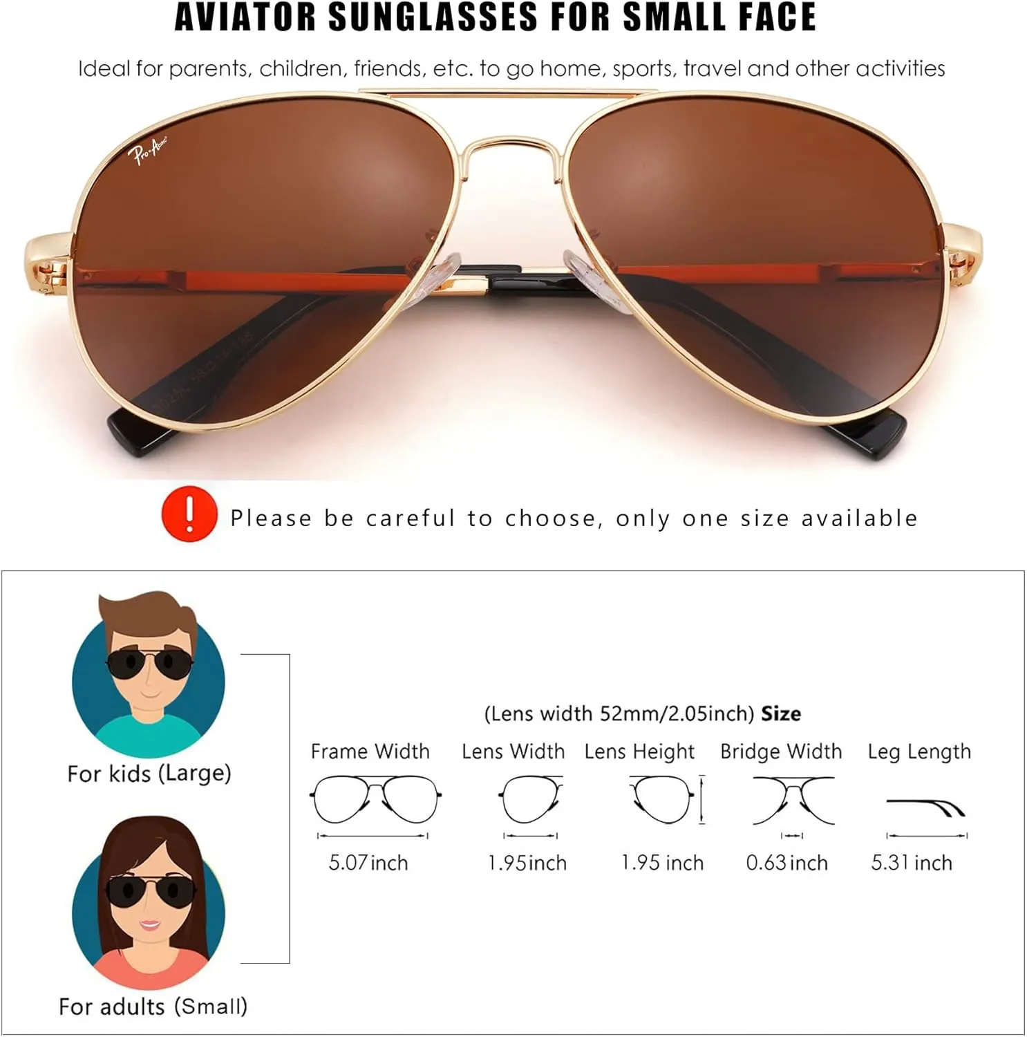 Pro Acme Polarized Aviator Sunglasses for Women Men, Petite Aviator Frame for Small Face Women Junior, 52MM