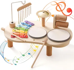 Promise Babe Wooden Musical Instruments for Toddlers 1-3, Percussion Instruments for Kids Baby Drum Set Xylophone, Montessori Educational Musical Toys, Gifts for Girls Boys Ages 3 
