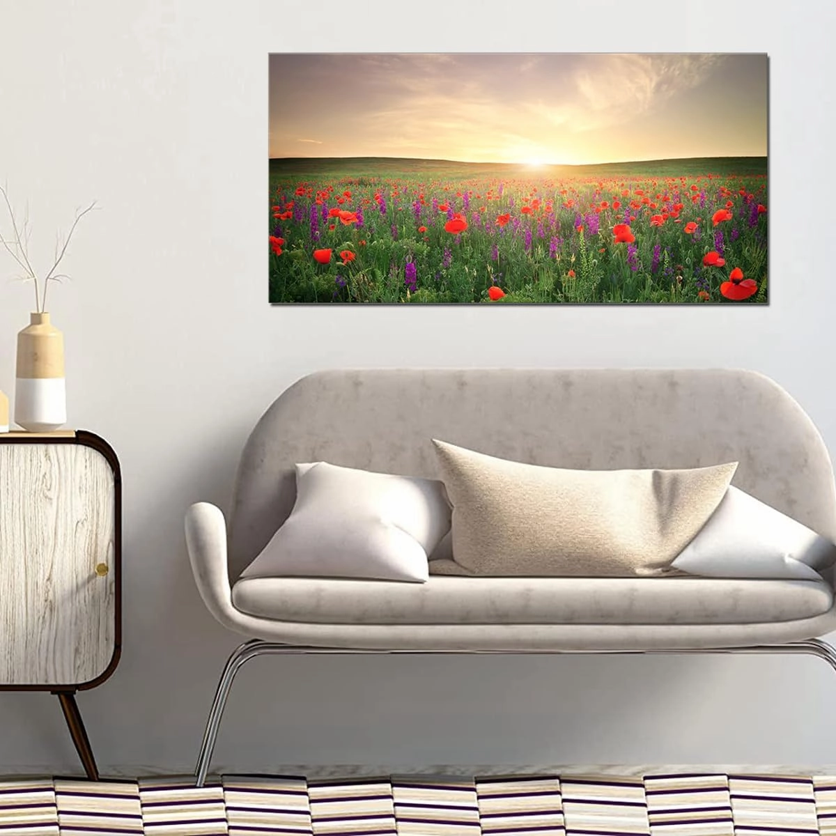 QBQT Large Grassland Landscape Sun Light Red Flowers Wall Art Office Living Room Artwork for Kitchen Decor Frame 24x48inch