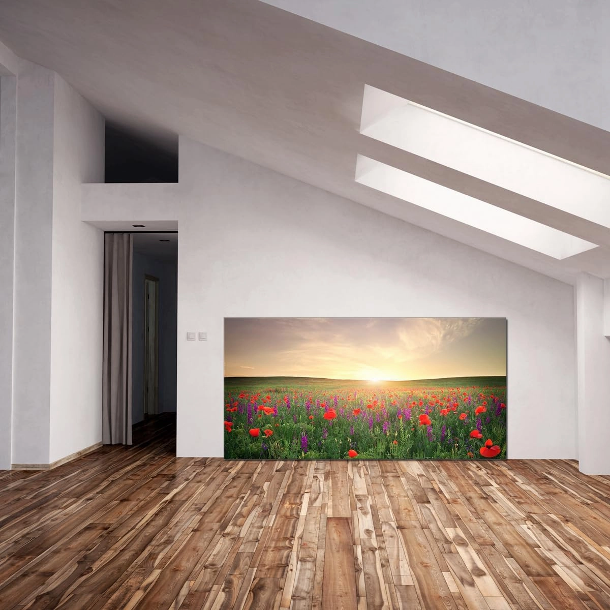 QBQT Large Grassland Landscape Sun Light Red Flowers Wall Art Office Living Room Artwork for Kitchen Decor Frame 24x48inch