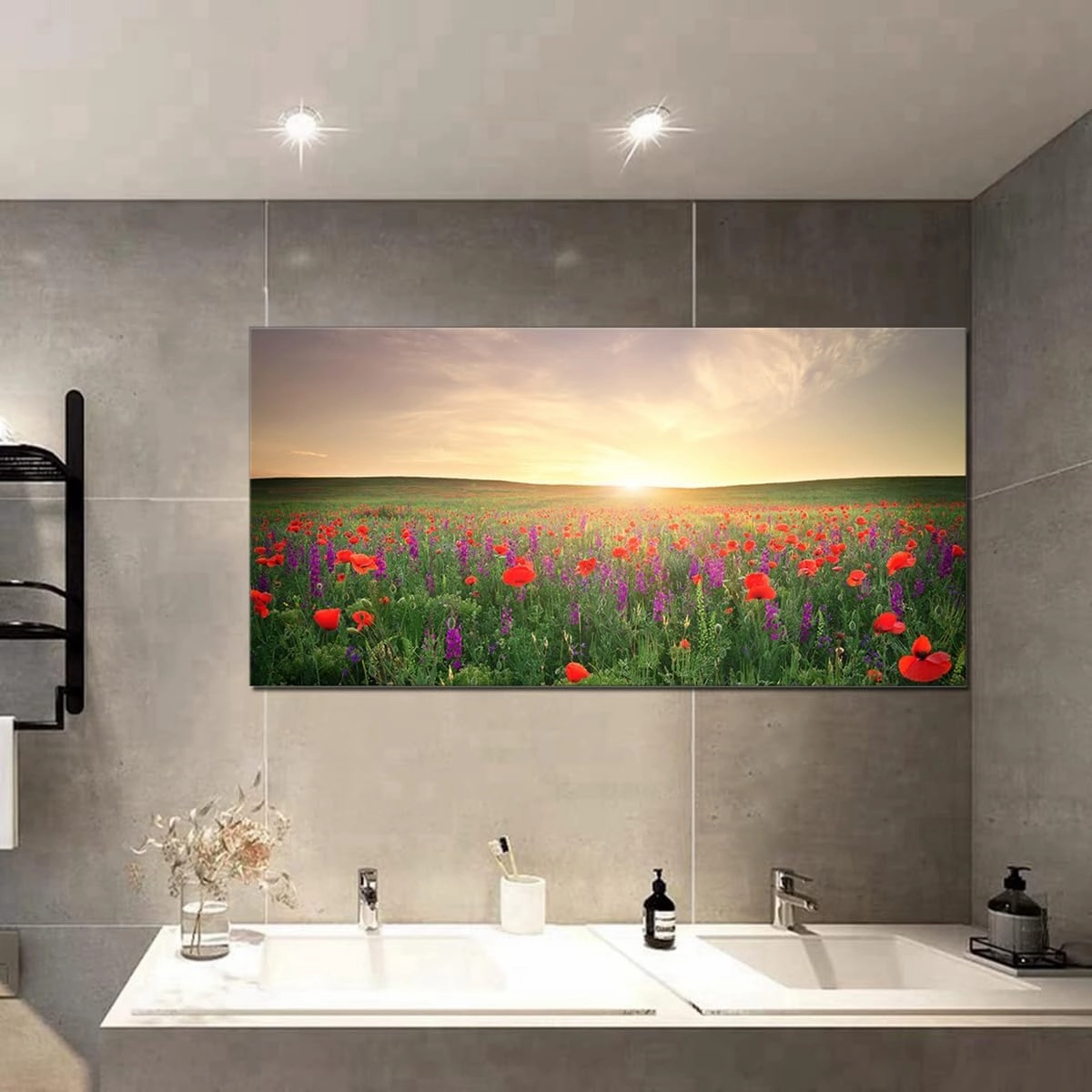 QBQT Large Grassland Landscape Sun Light Red Flowers Wall Art Office Living Room Artwork for Kitchen Decor Frame 24x48inch