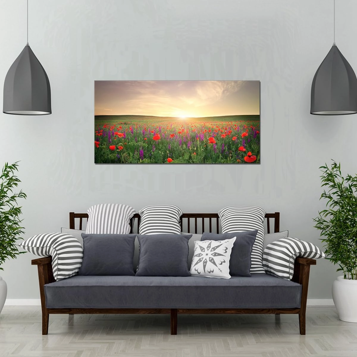 QBQT Large Grassland Landscape Sun Light Red Flowers Wall Art Office Living Room Artwork for Kitchen Decor Frame 24x48inch