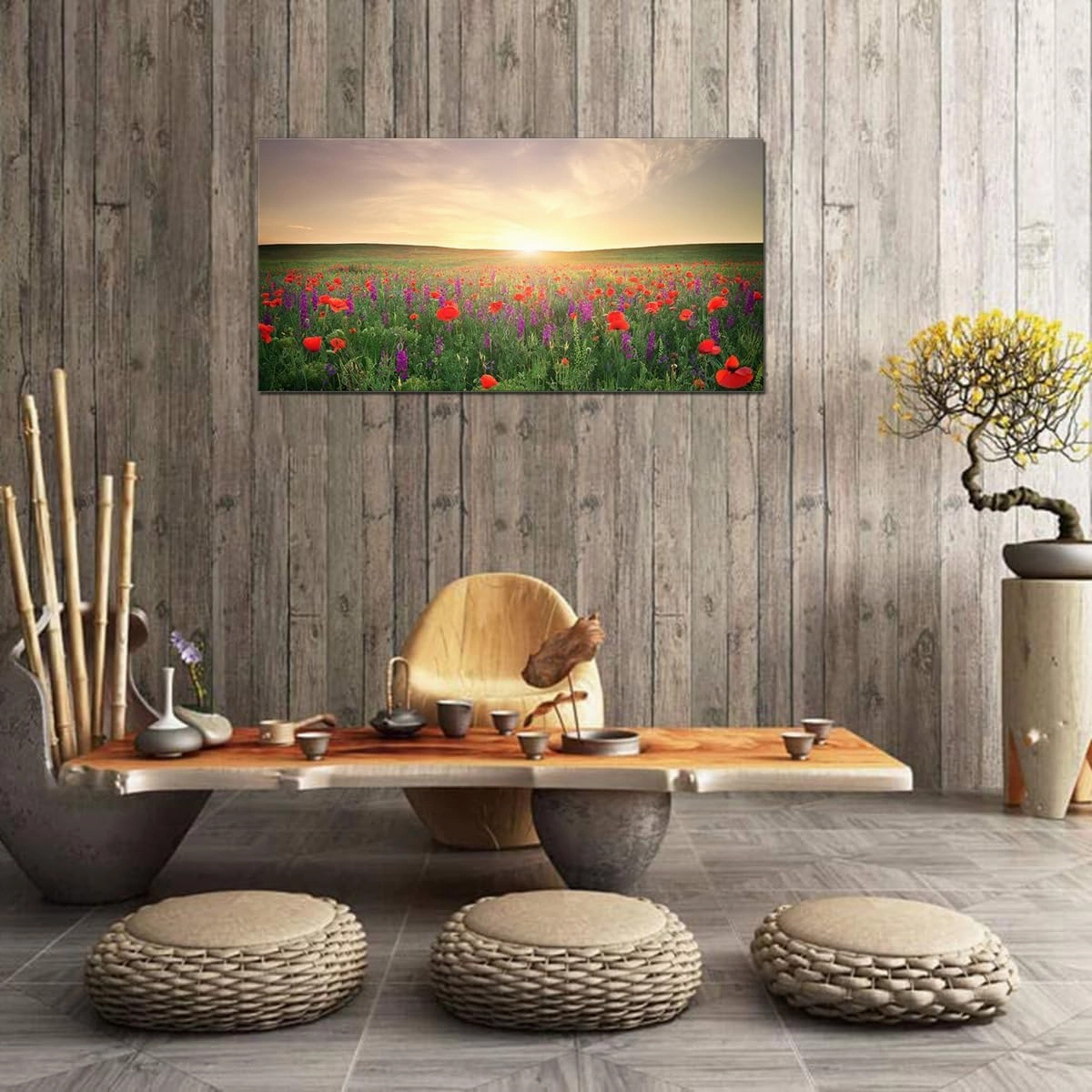 QBQT Large Grassland Landscape Sun Light Red Flowers Wall Art Office Living Room Artwork for Kitchen Decor Frame 24x48inch