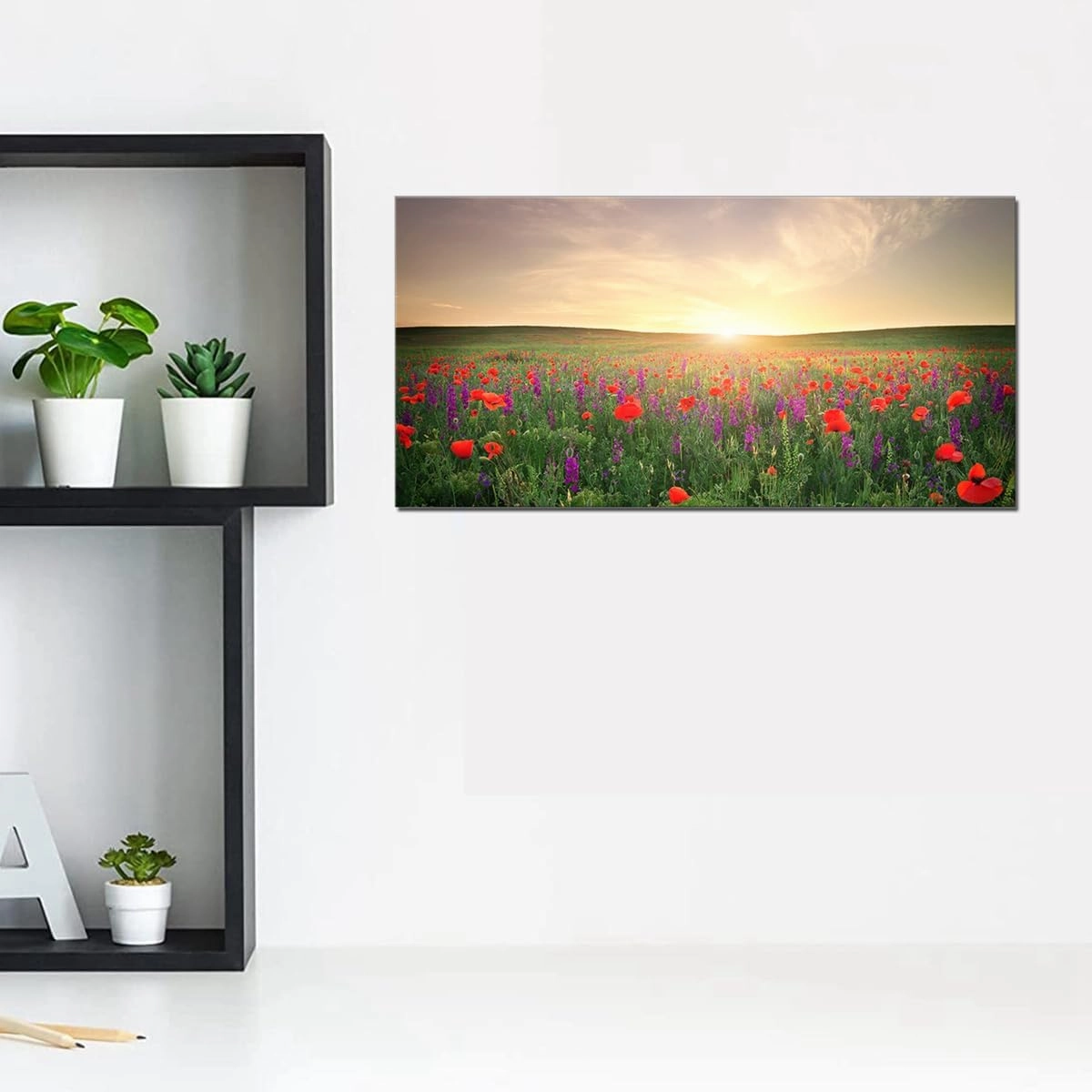 QBQT Large Grassland Landscape Sun Light Red Flowers Wall Art Office Living Room Artwork for Kitchen Decor Frame 24x48inch