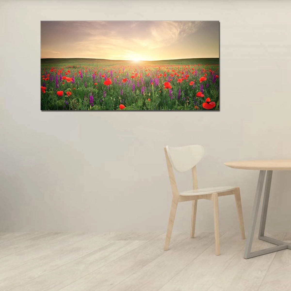 QBQT Large Grassland Landscape Sun Light Red Flowers Wall Art Office Living Room Artwork for Kitchen Decor Frame 24x48inch
