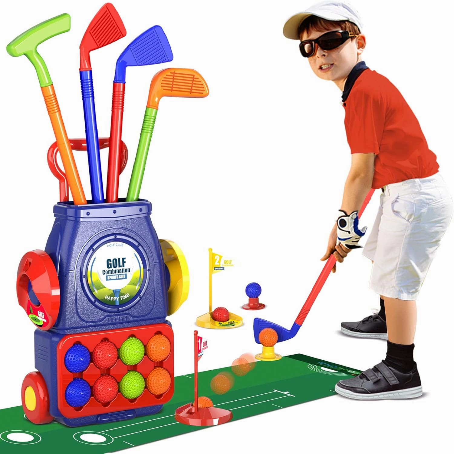 QDRAGON Kids Golf Clubs, Toddler Golf Set with 8 Balls, Putting Mat, 4 Golf Sticks, 2 Practice Holes and Golf Cart with Wheels, Indoor Outdoor Sport Toys for Boys Girls Ages 3 4 5 