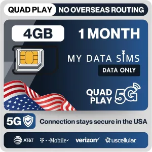 Quad Play 4GB / 1 Month, Trail Camera, Hunting Camera, 4G/5G on AT&T, T-Mobile, Verizon & US Cellular, Data Only USA SIM Card, No Voice or SMS