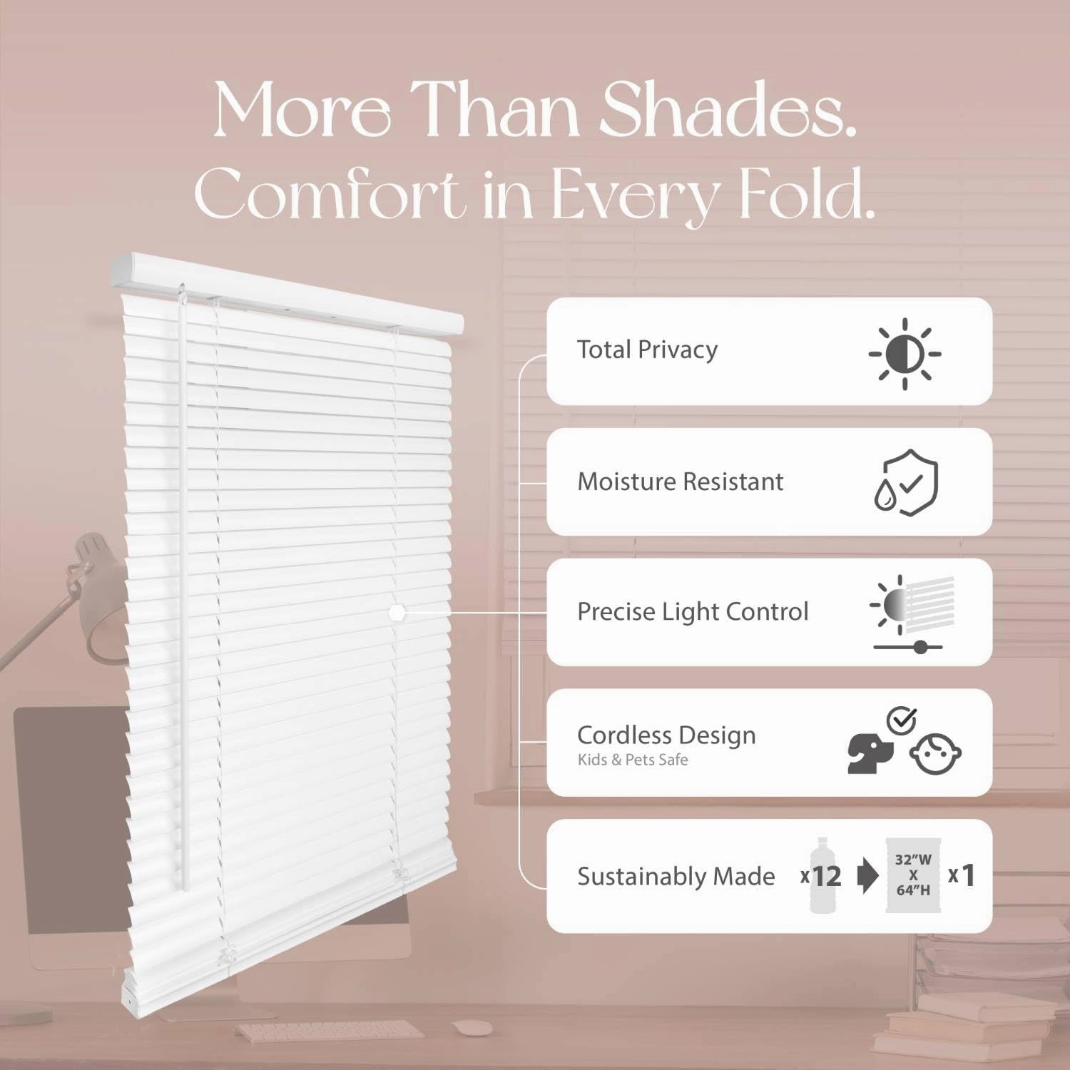 QuickInsta PeelMount No Drill No Tool 1" Cordless Mini Blinds, 27" W x 48" H,White, by Regal estate