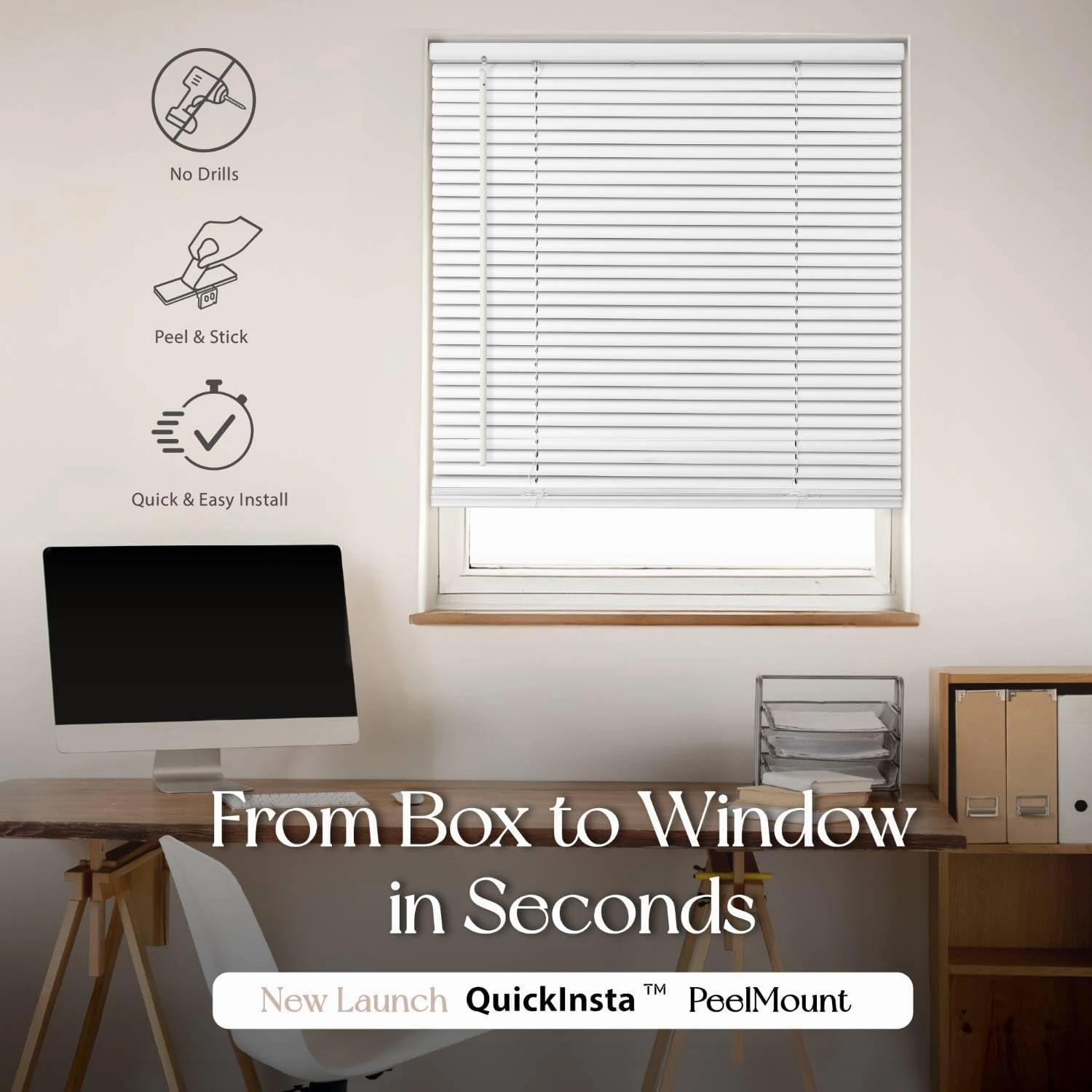 QuickInsta PeelMount No Drill No Tool 1" Cordless Mini Blinds, 27" W x 48" H,White, by Regal estate