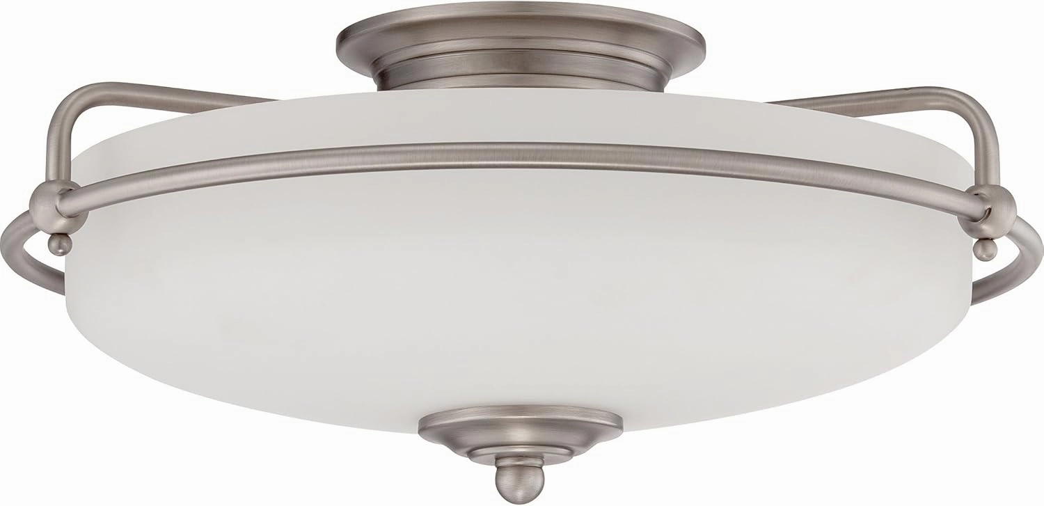 Quoizel Griffin Flush Mount Ceiling Light, 17 Inch 3-Light Antique Nickel Opal-Etched Frosted Glass Shade, Ceiling Light Fixture for Hallway, Kitchen, Bedroom, Dining, Farmhouse or Office