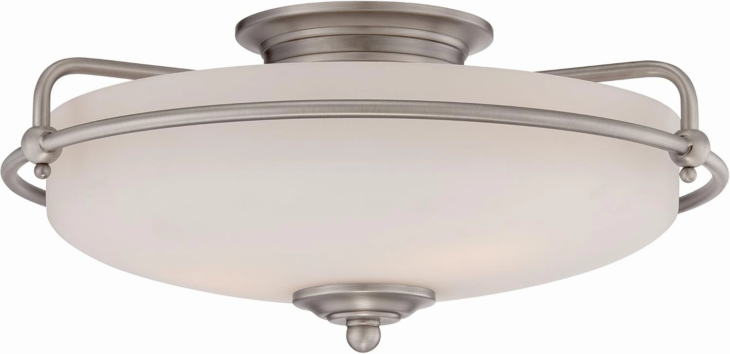 Quoizel Griffin Flush Mount Ceiling Light, 17 Inch 3-Light Antique Nickel Opal-Etched Frosted Glass Shade, Ceiling Light Fixture for Hallway, Kitchen, Bedroom, Dining, Farmhouse or Office