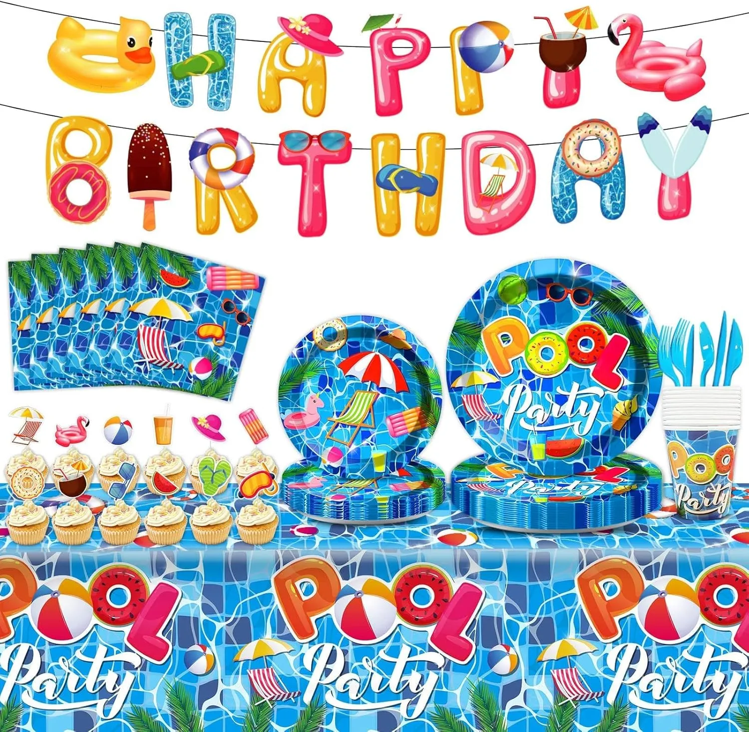 Qyeahkj 239Pcs Summer Beach Pool Party Birthday Decorations Pool Party Tableware Set Supplies Beach Ball Birthday Favors Hawaii Decor,Serve 25