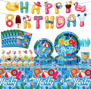 Qyeahkj 239Pcs Summer Beach Pool Party Birthday Decorations Pool Party Tableware Set Supplies Beach Ball Birthday Favors Hawaii Decor,Serve 25