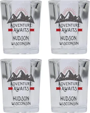 R and R Imports Hudson Wisconsin Souvenir 2 Ounce Square Base Liquor Shot Glass Adventure Awaits Design 4-Pack