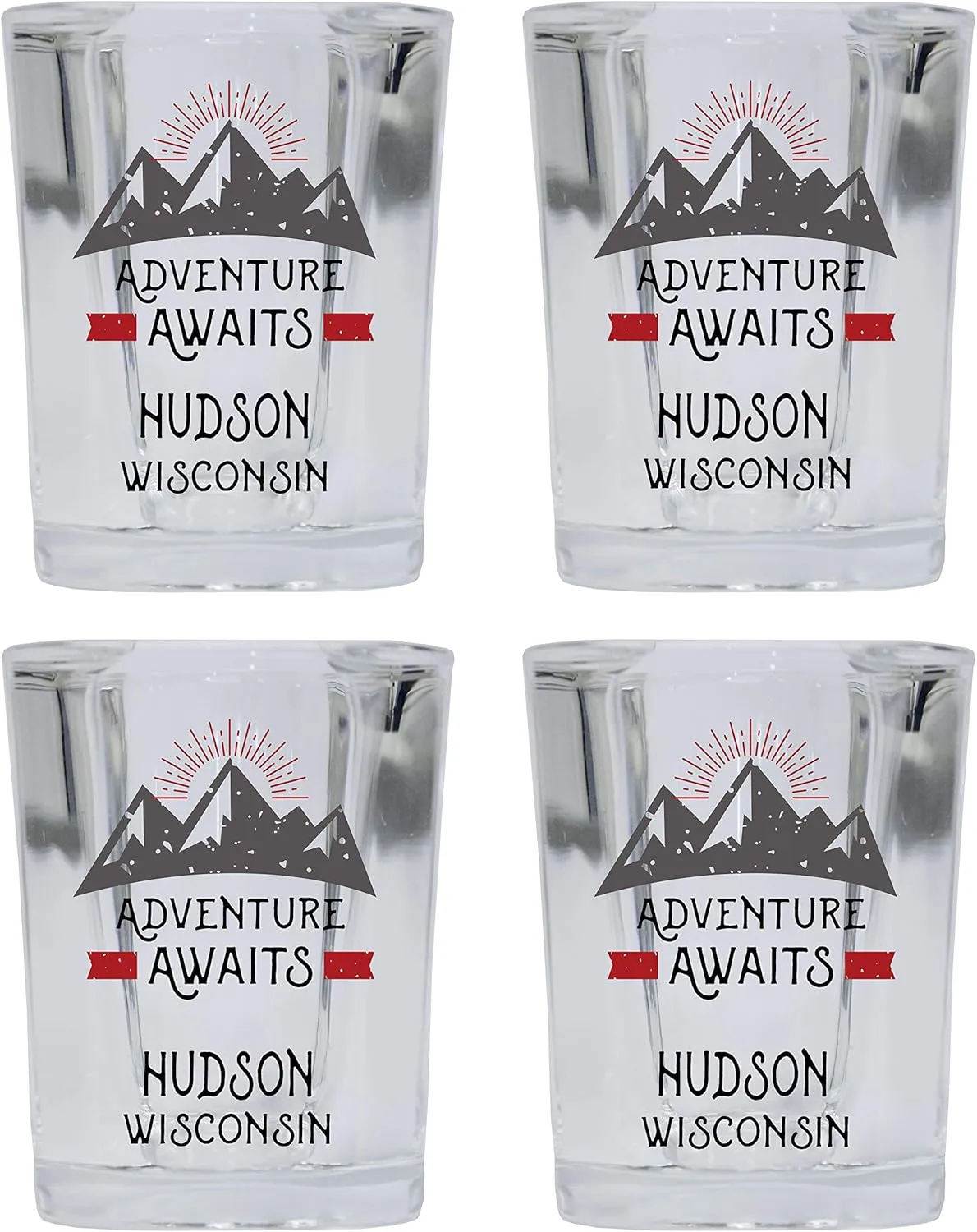 R and R Imports Hudson Wisconsin Souvenir 2 Ounce Square Base Liquor Shot Glass Adventure Awaits Design 4-Pack
