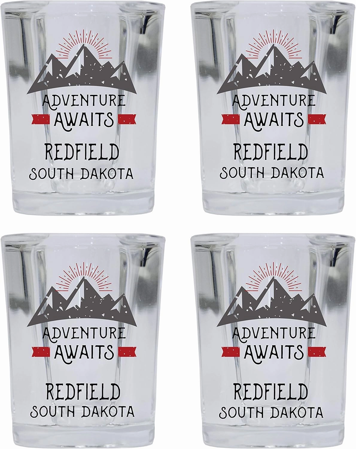 R and R Imports Redfield South Dakota Souvenir 2 Ounce Square Base Liquor Shot Glass Adventure Awaits Design 4-Pack