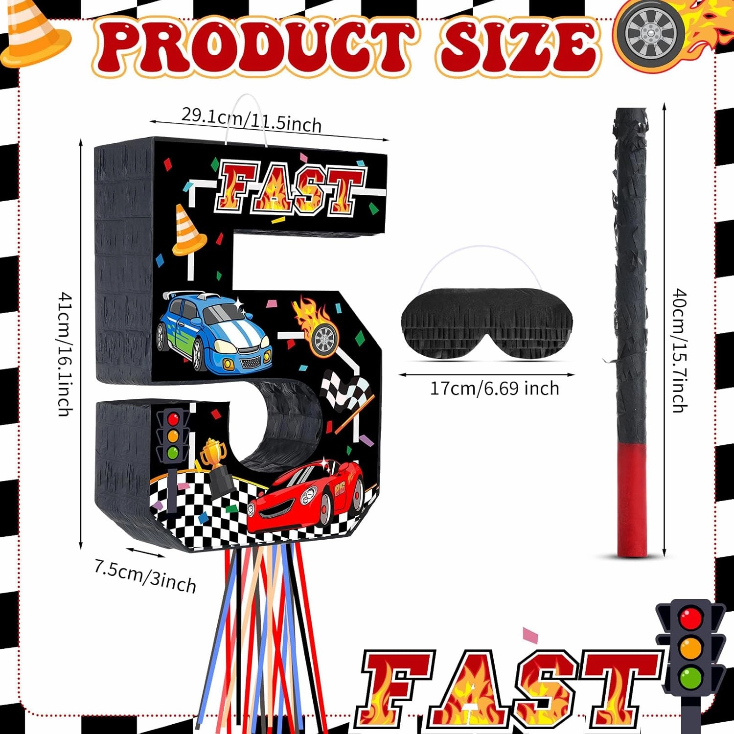 Race Car Piñata Pull String Cars Piñatas for Birthday Party Decorations Number 2 3 4 5 6 with Blindfold Stick Small Red Black Racing Theme 2nd 3rd 4th 5th 6th Party Supplies(Number 5)