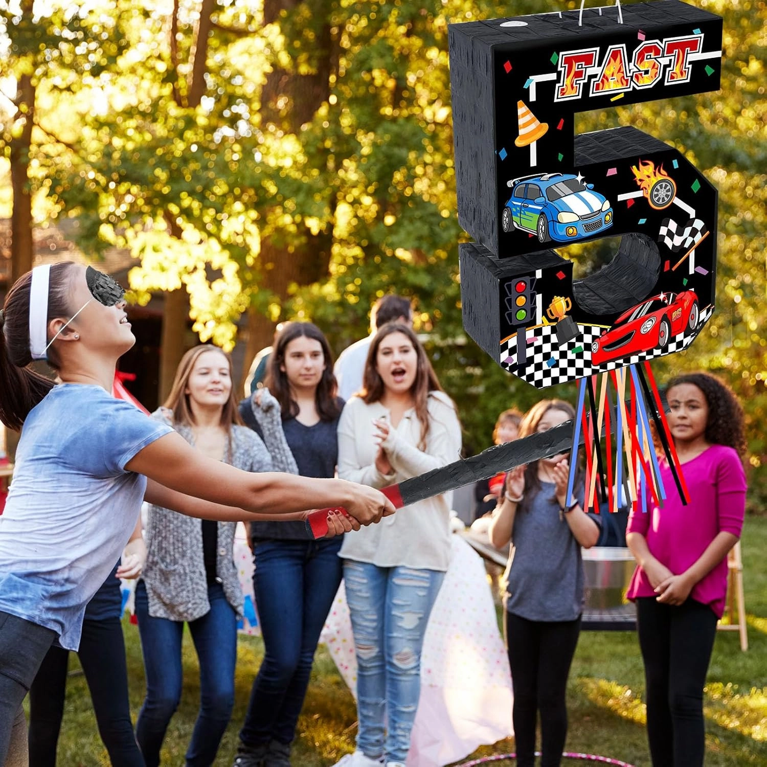 Race Car Piñata Pull String Cars Piñatas for Birthday Party Decorations Number 2 3 4 5 6 with Blindfold Stick Small Red Black Racing Theme 2nd 3rd 4th 5th 6th Party Supplies(Number 5)